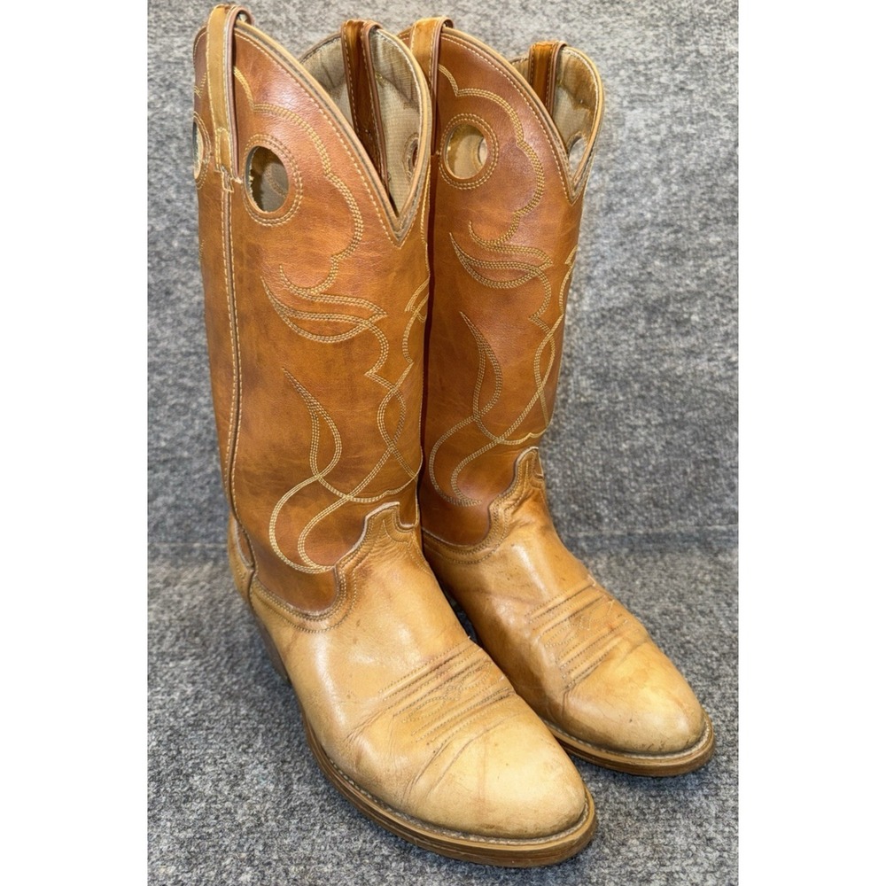 Vintage Cowboy Boots Men's 8.5 D Brown Leather Round Toe Western Pull On